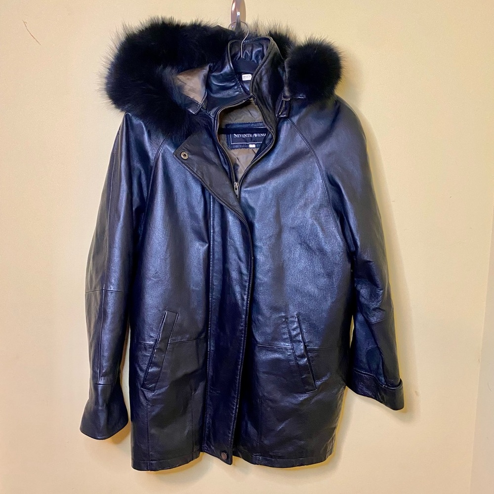 Seventh Avenue Women’s 100% Leather Removable Fur Hood Black Coat Size Small